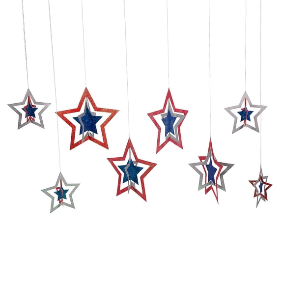 Fun Express 11 1/2" - 12" 3D Patriotic Hanging Star Ceiling Decorations - 8 Pc.