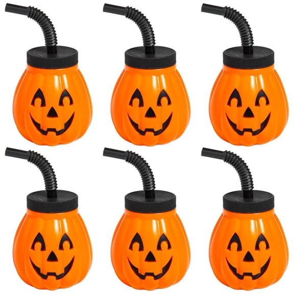 Fun Express 11 oz. Halloween Jack-O'-Lantern Shaped Cups with Lids & Straws - 6 Ct.