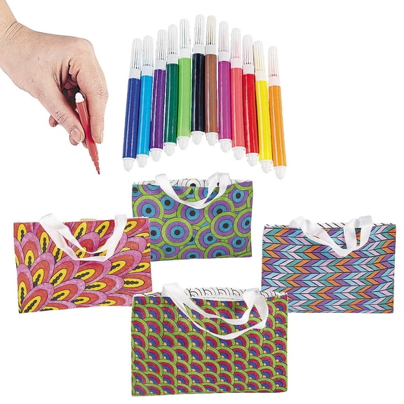 Fun Express 11" x 7" Color Your Own Medium Doodle Canvas Tote Bags with Markers for 12