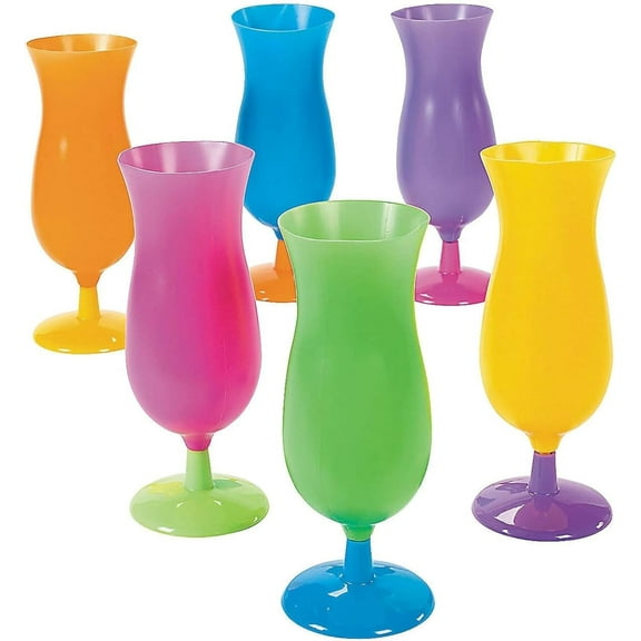 Fun Express 12-Piece 14oz Neon Hurricane Beverage Glasses for Mardi Gras and Tropical Luau Parties, Blue, Green, Yellow, Orange, Pink and Purple