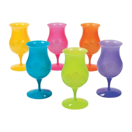 Fun Express 12 Pieces Plastic Tropical Hurricane Glasses, Holds 16 oz, BPA Free Plastic, Beach Party Supplies, Multi-Color
