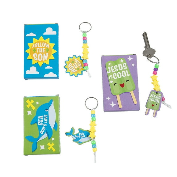 Fun Express 12 Pieces Religious Summer Pony Bead Keychain Craft Kit Exchanges with Box for 12