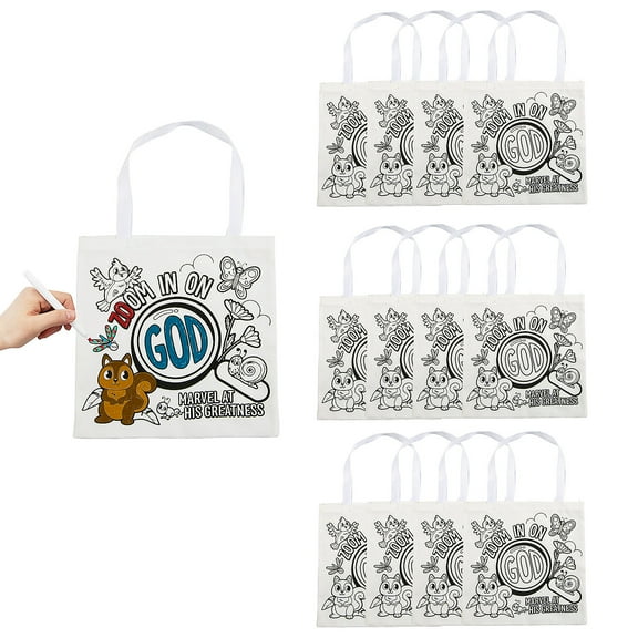 Fun Express 12" x 12" Medium Color Your Own Zoom In VBS Tote Bags - 12 Pieces, Vacation Bible School Supplies