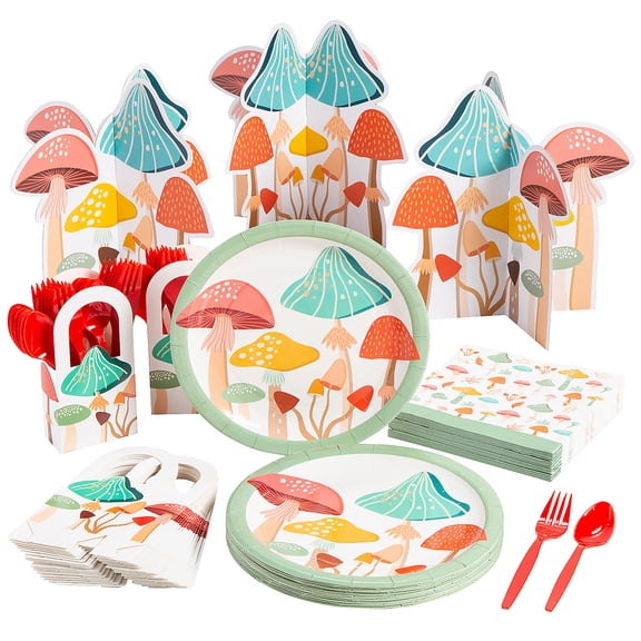 Fun Express 132 Pieces Mushroom Party Disposable Tableware Kit for 24 Guests
