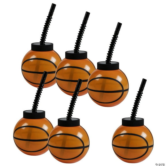 Fun Express 14 oz. Bulk 60 Count Basketball Reusable Plastic Cups with Lids & Straws