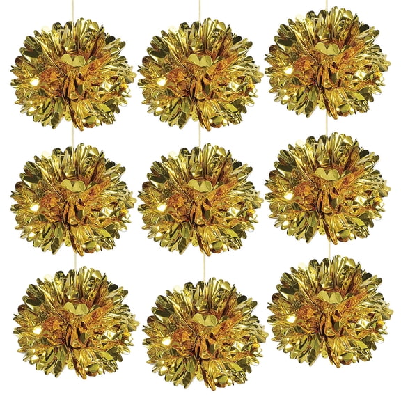 Fun Express 16" Metallic Gold Hanging Fluff Balls 9 Pieces