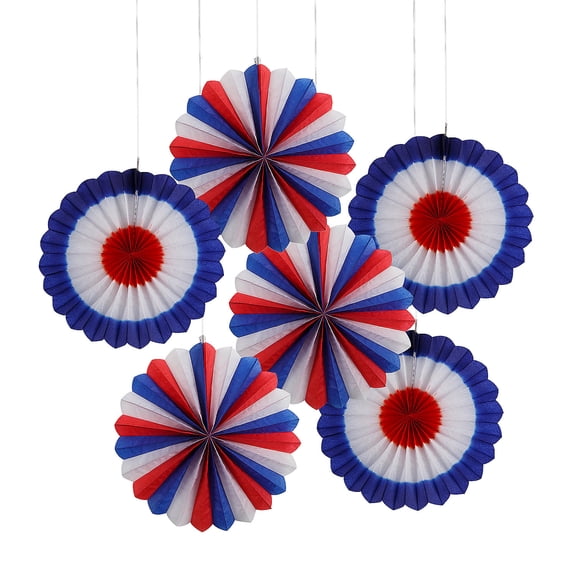 Fun Express 16" diam. Patriotic Red, White & Blue Hanging Paper Fans - 6 Pieces