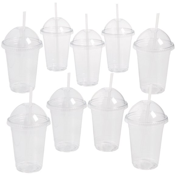 Fun Express 16 oz. Bulk 96 Count Clear Disposable Plastic Cups with Dome Lids & Straws