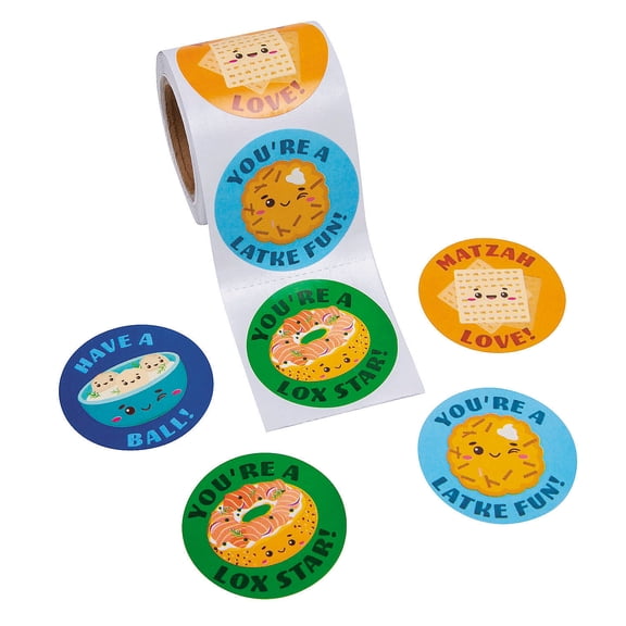 Fun Express 2 1/2" Bulk 100 Pieces Hanukkah Jewish Food Characters Sticker Roll