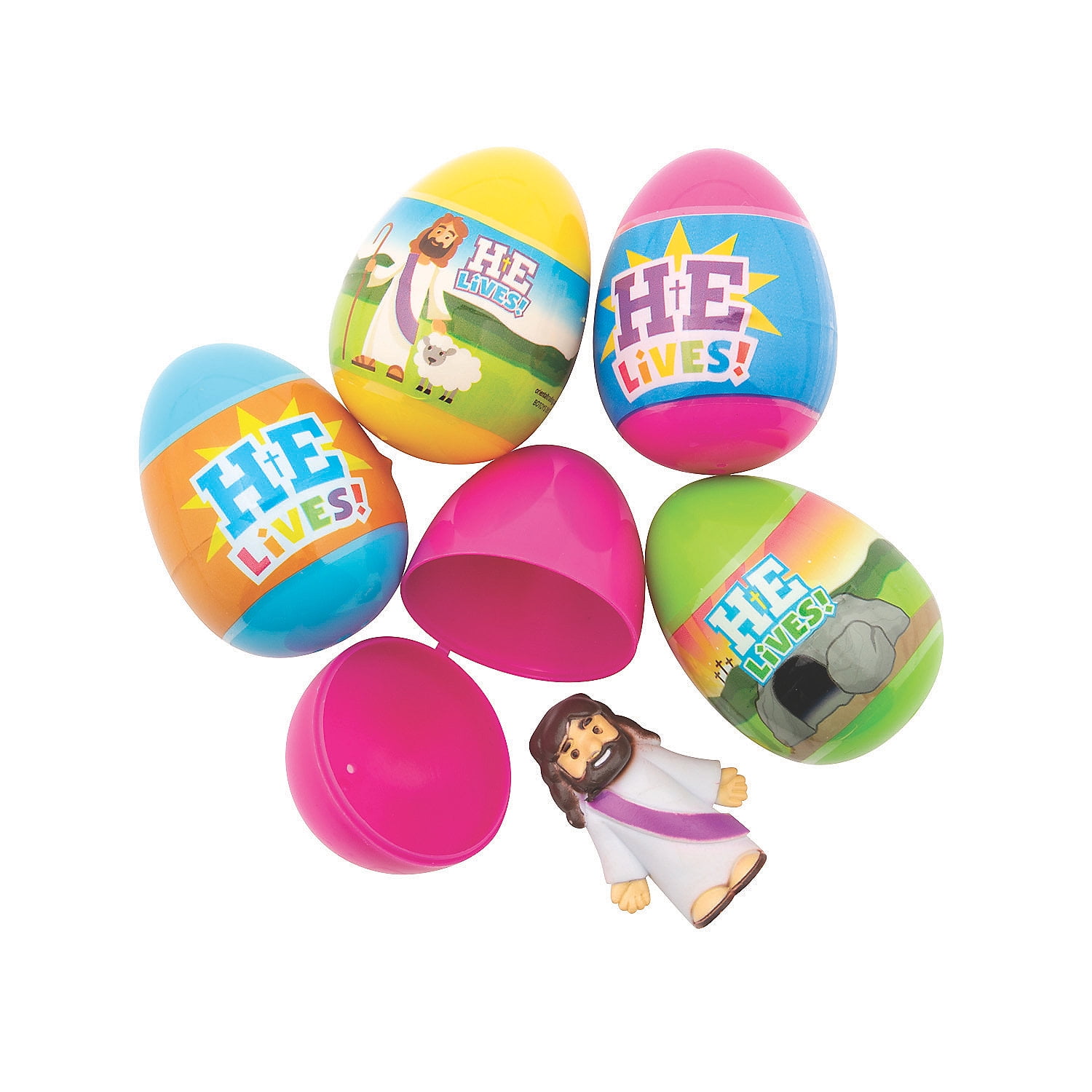 Fun Express 2 1/2" He Lives Toy-Filled Plastic Easter Eggs - 48 Pieces