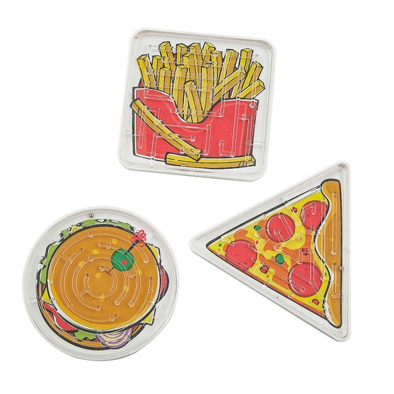 Fun Express 2 1/4" Fast Food Pizza, Burger & Fries Plastic Maze Puzzles - 12 Pieces
