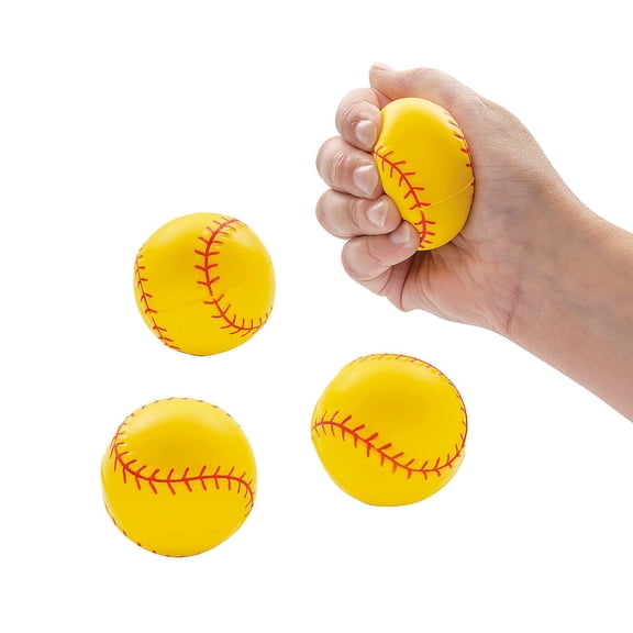 Fun Express 2 1/4" Realistic Softball Yellow & Red Squishy Stress Balls - 12 Pieces