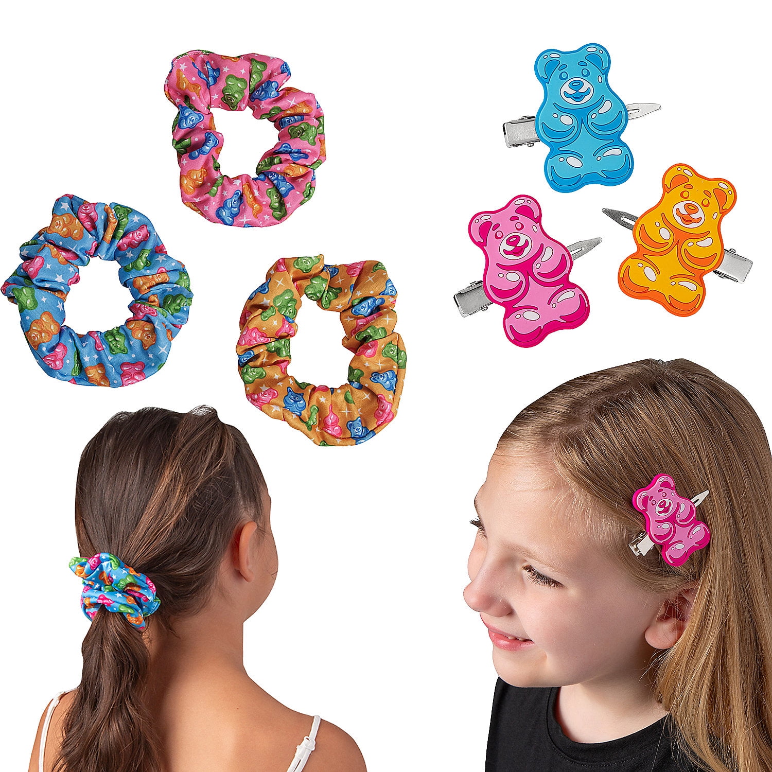 Fun Express 2" – 4" Candy Critters Gummy Bear Hair Clip & Scrunchie Set - 24 Pieces