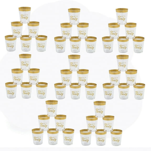 Fun Express 2 oz. Mega Bulk 200 Ct. Premium Lets Party BPA-Free Plastic Shot Glasses with Gold Trim