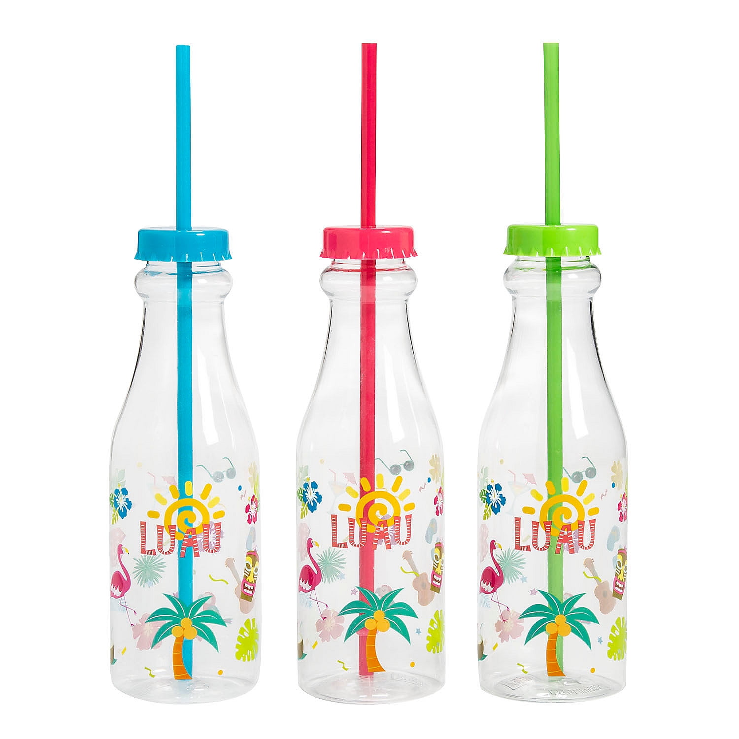Fun Express 22 oz. Luau Reusable Plastic Drink Bottles with Lids \u0026 Straws - 12 Pieces