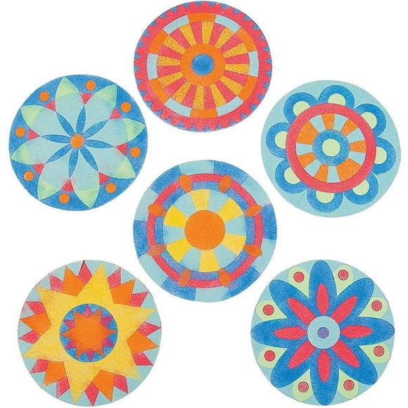 Fun Express 24 Pieces Mandala Sand Art Kits for Kids, DIY Craft Sand Painting Kit Includes Includes 1 Bag of Yellow, Orange, Blue, red, Green and Aqua Sand