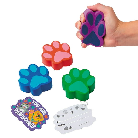 Fun Express 24 Pieces Paw Print-Shaped Stress Toys Valentine Exchanges with Card for 12