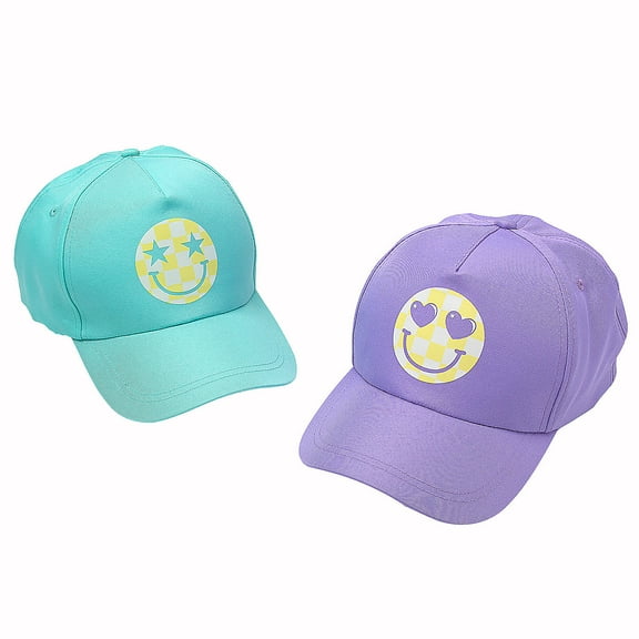 Fun Express 24" circ. Pastel Blue & Purple Smile Face Baseball Caps - 12 Pieces