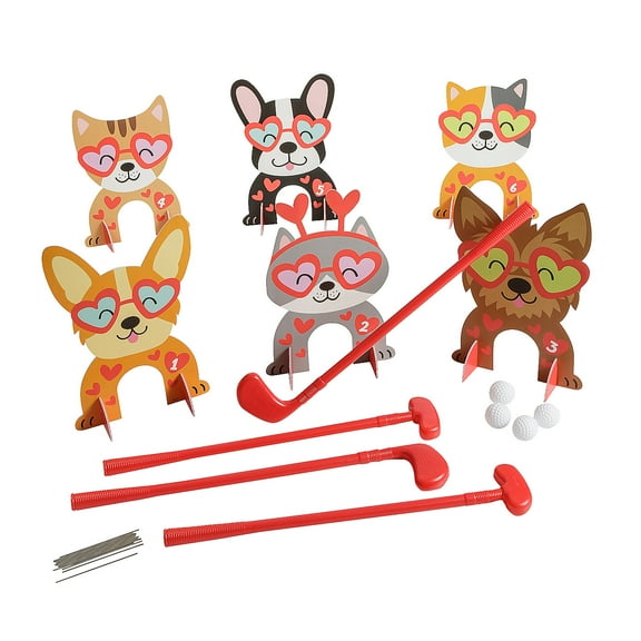 Fun Express 26 Pieces Valentine's Day Pets Indoor or Outdoor Mini Golf Set for 4