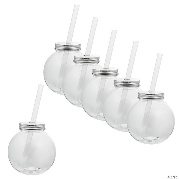 Fun Express 3 3/4" 16 oz. Bulk 60 Count Clear Round Reusable Plastic Ball Cups with Lids & Straws