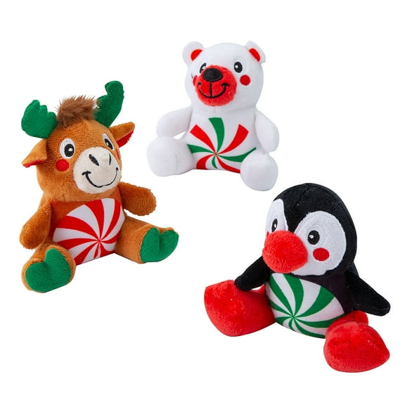 Fun Express 3 3/4" - 4 1/2" Mini Christmas Peppermint Candy Stuffed Animals - 12 Pieces