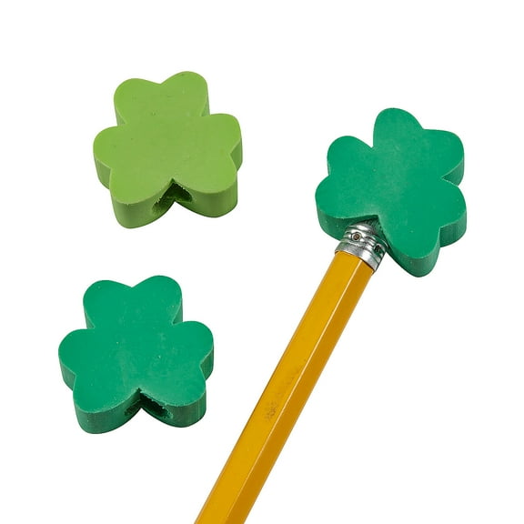 Fun Express 3/4" Mini St. Patricks Day Shamrock-Shaped Rubber Eraser Pencil Toppers - 24 Pieces