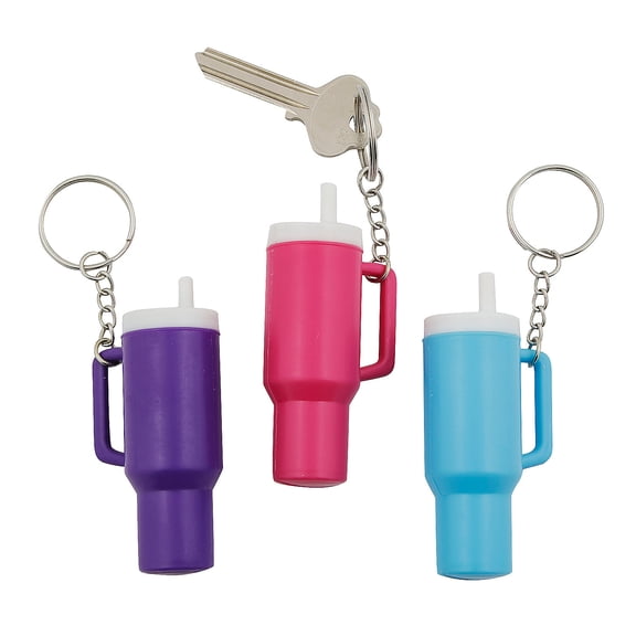 Fun Express 3" Blue, Purple & Pink Metal Tumbler Style Keychains - 12 Pc.