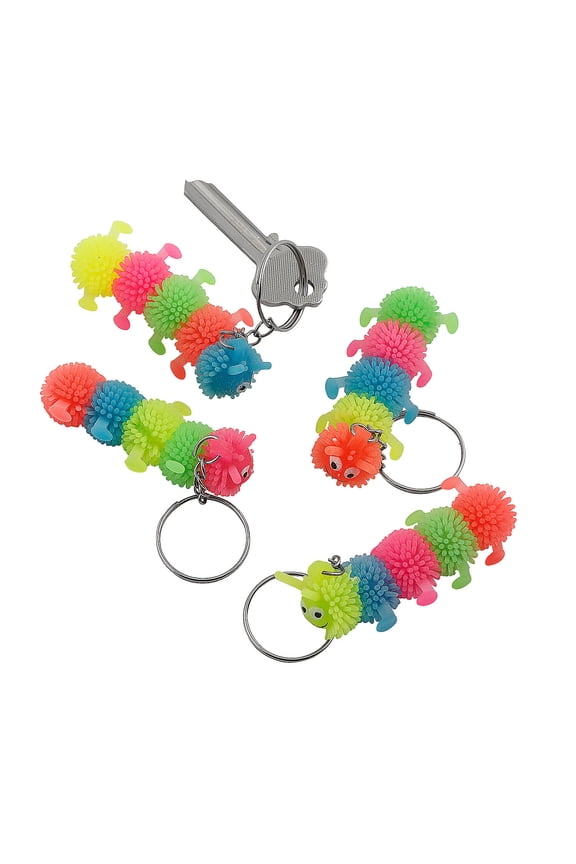 3" Bright Color Spikey Rubber Caterpillar Keychains - 24 Pieces