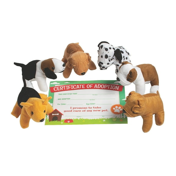 Fun Express 3" Dog Party Stuffed Pet & Adoption Certificate Kit for 12
