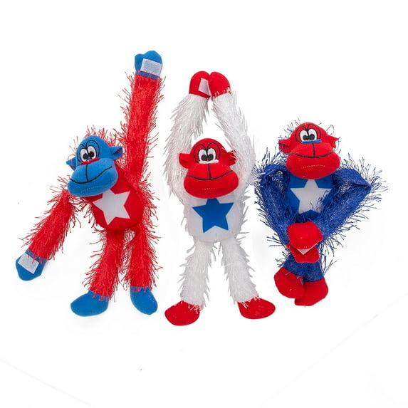 Fun Express 3" x 11" Patriotic Long Arm Red, White & Blue Stuffed Gorillas - 12 Pieces