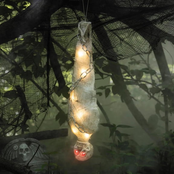 Fun Express 30 1/4" Hanging Light-Up Upside-Down Skeleton Cocoon with Chain Halloween Decoration