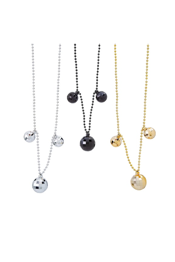 30" New Years Eve Gold, Silver & Black Disco Ball Plastic Bead Necklaces - 12 Pieces