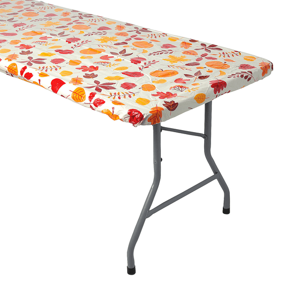 Fun Express 30" x 96" Fall Fitted Rectangular Plastic Disposable Tablecloth