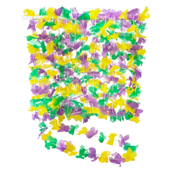 Fun Express 36" x 2 1/2" Bulk 50 Pieces Purple, Green & Yellow Mardi Gras Fleur de Lis Leis