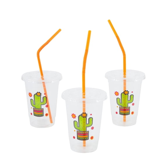 Fun Express 4 1/2" 16 oz. Fiesta Cactus Disposable Plastic Cups with Lids & Straws - 12 Pieces