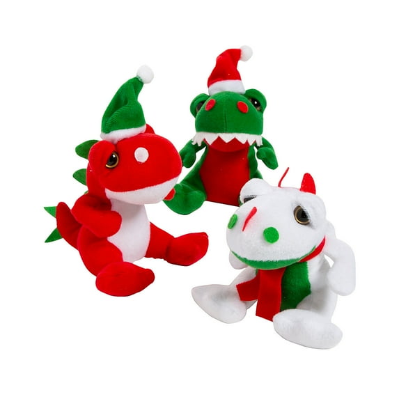 Fun Express 4 1/2" Christmas Red, Green & White Stuffed Dinosaurs with Hat & Scarf - 12 Pieces