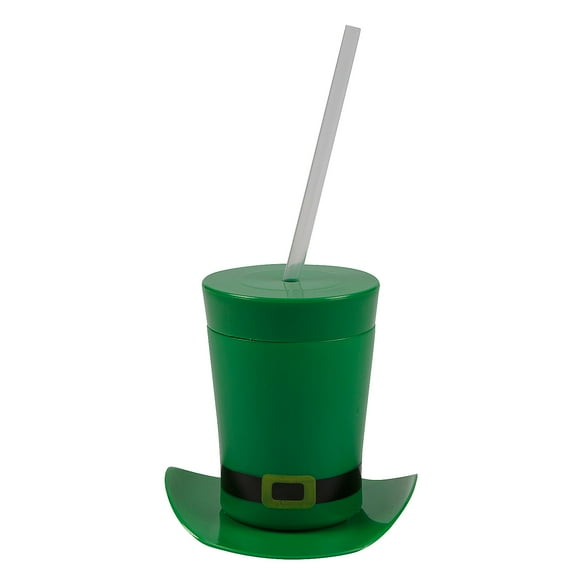 Fun Express 4 1/4" 10 oz. Leprechaun Top Hat-Shaped Reusable Cups with Lids & Straws - 12 Count