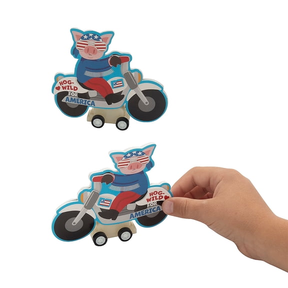 Fun Express 4 1/4" x 3 1/4" Patriotic Pig on a Motorcycle Pull-Back Craft Kit - Makes 12
