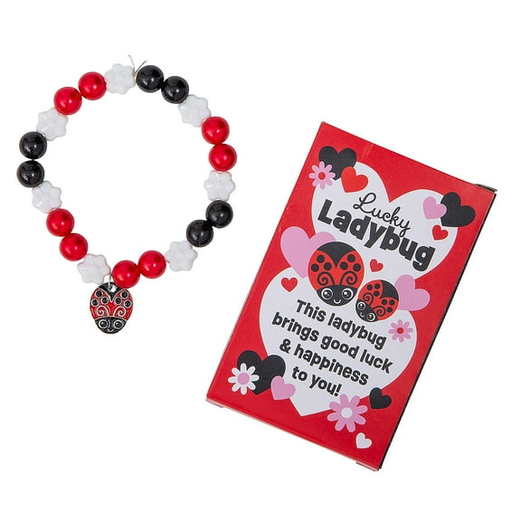 Fun Express 4" Lucky Ladybug Bracelet with Giveaway Box Craft Kit - Makes 12
