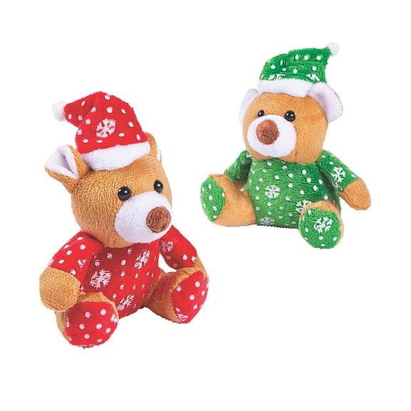 Fun Express 4" Mini Christmas Brown Stuffed Teddy Bears with Santa Hat - 12 Pieces