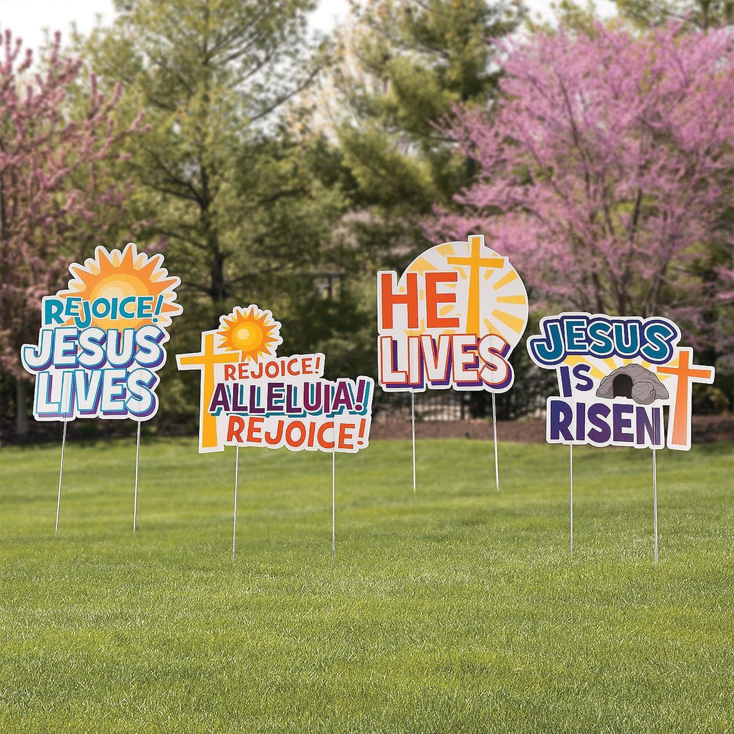 Fun Express 4 Pieces He Is Risen Yard Signs for Easter, Religious Easter Decor, Home Decor