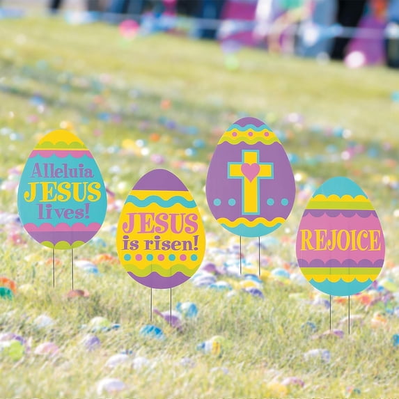 Fun Express 4 Pieces Religious Easter Egg Yard Signs, Easter Party Decor