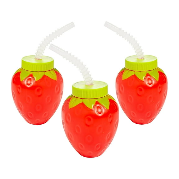 Fun Express 4 oz. Strawberry Molded Reusable BPA-Free Plastic Cups with Lids & Straws - 12 Count