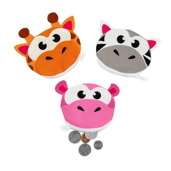 Fun Express 4" x 3 1/2" Mini Big Eye Wacky Animal Plush Coin Purses - 12 Pieces