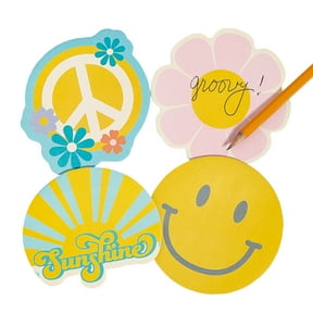 Fun Express 4" x 4" Groovy Party Flower, Smiley Face, Sunshine & Peace Sign Sticky Notes - 12 Pieces