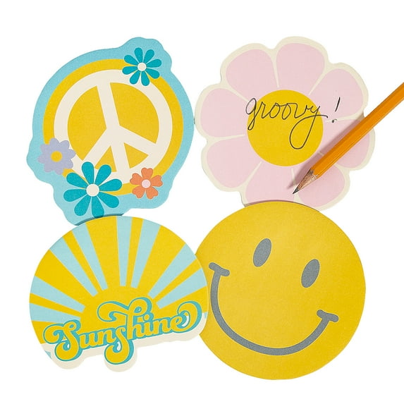 Fun Express 4" x 4" Groovy Party Flower, Smiley Face, Sunshine & Peace Sign Sticky Notes - 12 Pieces