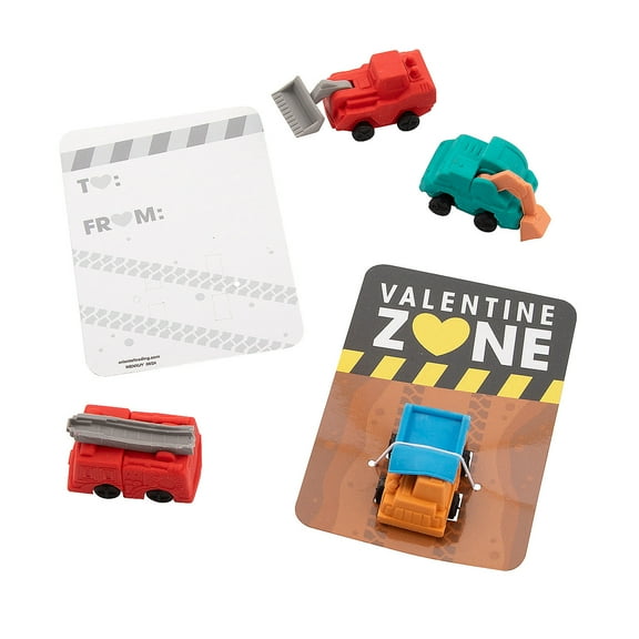 Fun Express 48 Pieces Construction Truck Erasers Valentine Exchanges with Card for 24