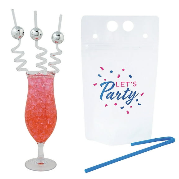 Fun Express 49 Pieces Lets Party Plastic Drink Pouches & Silly Straws Kit for 24