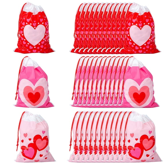 Fun Express 5 1/2" x 7 1/2" Large Valentine's Day Plastic Drawstring Treat Bags - 36 Pieces