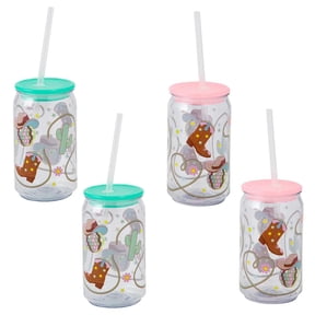 Fun Express 5 1/4" 16 oz. Modern Western Plastic Can Cups with Lids & Straws 4 Ct.